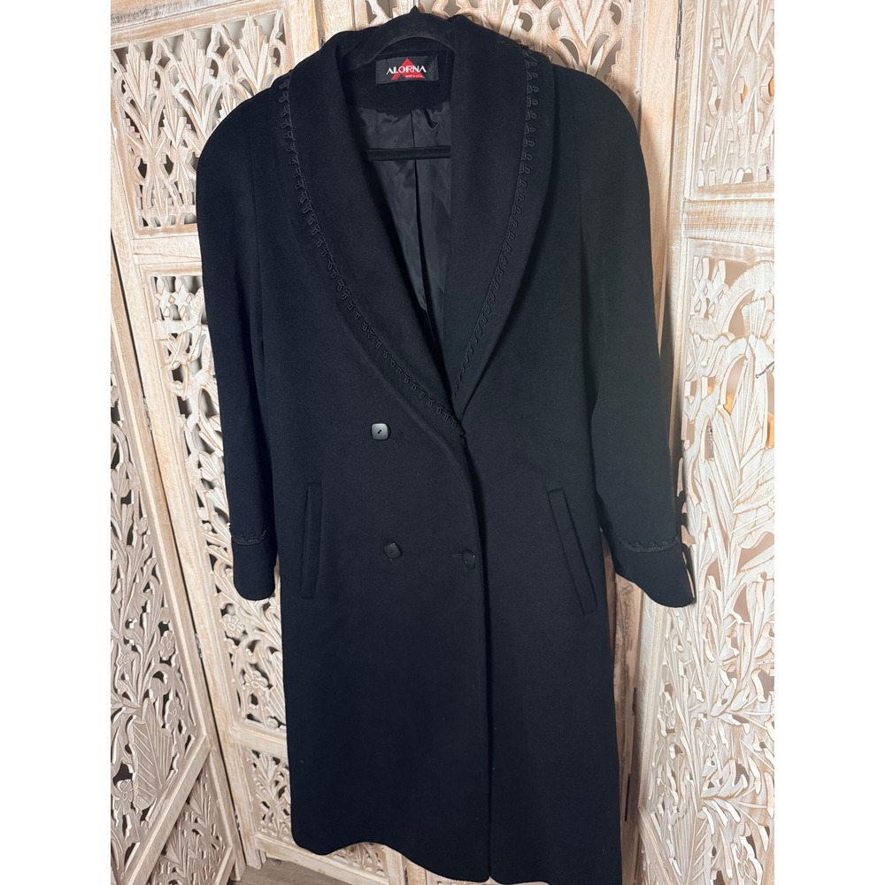 Alorna Forstmann Womens Black Wool Blend Long Double Breasted Coat Braided Trim